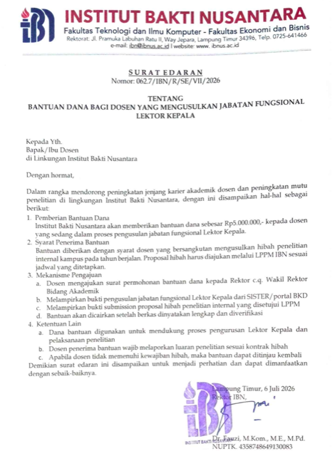 Komitmen Tingkatkan Mutu Akademik, Institut Bakti Nusantara Kucurkan Bantuan Dana Bagi Dosen Pengusul Lektor Kepala